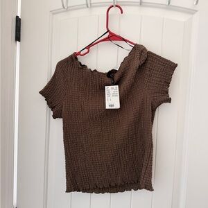H&M Brown Textured Short Sleeve Ruffle Hem Top